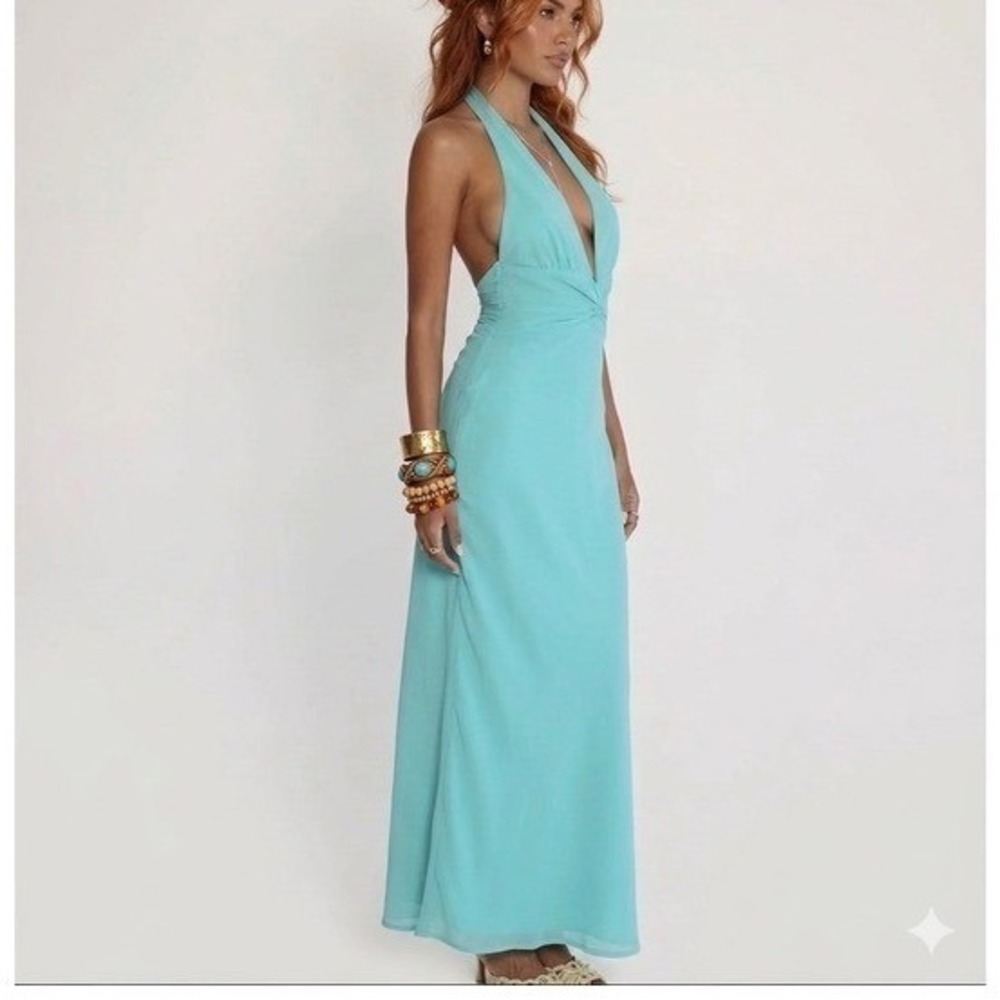 Princess Polly Turquoise Blue Halter Twist Front Open Back Maxi Dress Gown 10